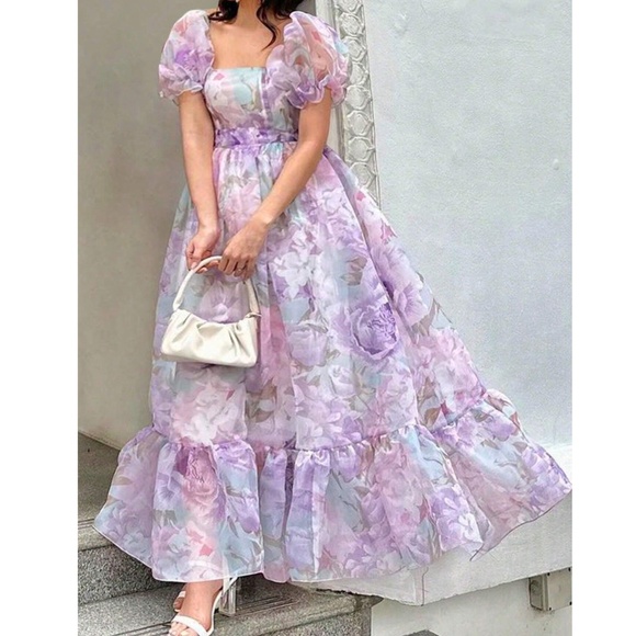 Plus Floral Print Smocked Bodice Puff Sleeve Ruffle Hem Dress
